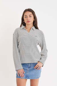 Womens Tops: ALFIE STRIPE LS POLO CHALK/BLACK