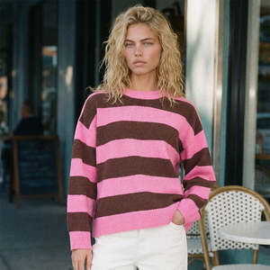 KENZIE STRIPE KNIT CREW PETAL/CHESTNUT