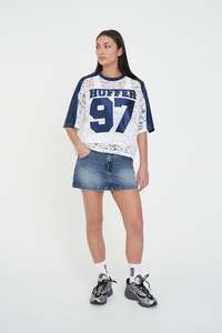 Womens Tops: LACE CROPPED QB JERSEY WHITE/NAVY