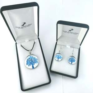 Pendant Earring Sets: Mirror Tree of Life Blue Silver Pendant & Earring Set