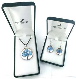 Pendant Earring Sets: Mirror Tree of Life Blue Rose Pendant & Earring Set