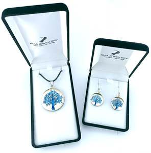 Pendant Earring Sets: Mirror Tree of Life Blue Gold Pendant & Earring Set