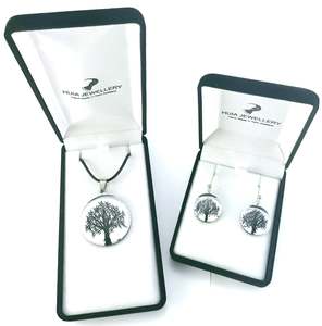 Pendant Earring Sets: Mirror Tree of Life Black Silver Pendant & Earring Set