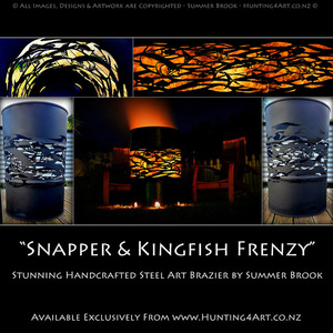 Snapper Kingfish Frenzy - Upcycled Steel Art Brazier - Hunting4Art NZ