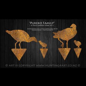 Pukeko Family Handcrafted Corten Steel Art - 4 Piece Garden Stake Set - Hunting4Art NZ