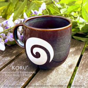 Koru Limited Edition Sandcarved Stoneware Glazed Snug Mug from Hunting4Art NZ