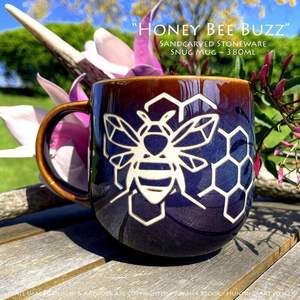 Honey Bee Buzz Limited Edition Sandcarved Stoneware Glazed Snug Mug - Hunting4Art