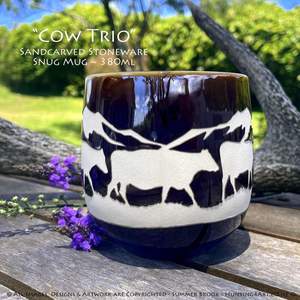 Cow Trio - Limited Edition Sandcarved Stoneware Glazed Snug Mug - Hunting4Art