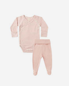 Quincy Mae: Side Snap Bodysuit + Pant Set - Rose Micro Stripe