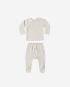 Promotions: WRAP TOP + FOOTED PANT SET OAT MICRO STRIPE (was $62.00)