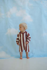 Baby 1: "COMING SOON:" Organic Knitted Stripe Romper - Maroon