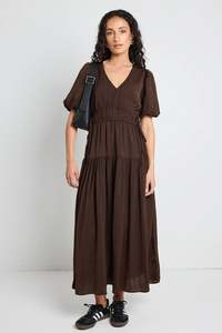 Clearance: Among the Brave Aphrodite Espresso Hammered Satin SS V Neck Midi Dress