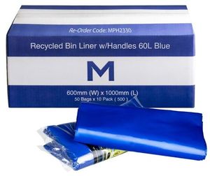 Bin Liners LARGE: 60ltr Blue Recycled Rubbish Bags 650x900mm 50pk