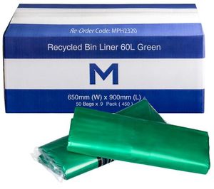 60ltr Green Recycled Rubbish Bags 650x900mm 50pk