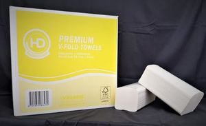 Folded Paper Towels: HD Premium White V-Fold 1ply 250shts x 16pks