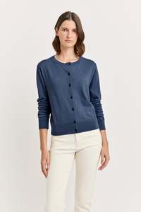 Knitwear: Fine Crew Cardigan | Navy Melange