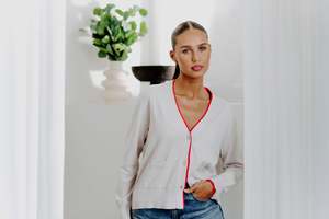 Knitwear: Boyfriend Contrast Cardi | Stone/Geranium