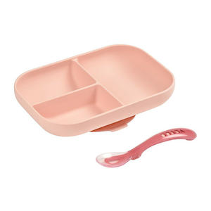 Bowls Utensils: Beaba Silicone Suction Divided Plate & Spoon - Pink