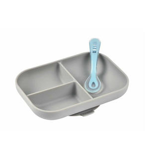 Beaba Silicone Suction Divided Plate & Spoon - Grey