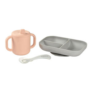 Bowls Utensils: Beaba Silicone Learning Set And Cup - Pink/Grey