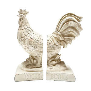 Decor: Country Rooster Bookends French White