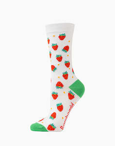 Womans Bamboo Socks: W Strawberries White Bamboo Sock