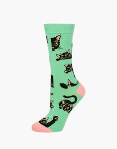 Womans Bamboo Socks: W Black Cat Green Bamboo Sock