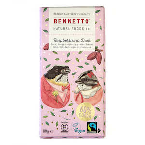 Fairtrade Choc Raspberry Dark Bennetto Chocolate 80gm