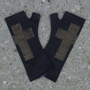 Black Cross Bronze Printed Merino Fingerless Gloves