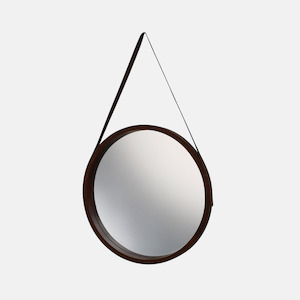 Mirrors: Leather Round Mirror - Walnut