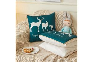 2-in-1 Multifunction Throw Pillow & Cotton Blanket/Quilt (Green Deer)