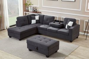 NEBULA Premium Sectional Sofa with Storage Ottoman & Drop-Down Console (Dark Grey)