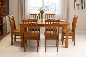 Dining: BAYARD 7PC Solid Pine Wood Dining Set (Light Walnut)