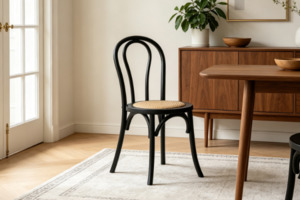Dining: RAYMON Solid Beech Dining Chair with Rattan Seat (Black)