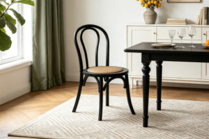 Dining: RAYMON Solid Beech Dining Chair with Rattan Seat (Black)