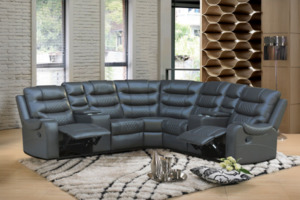 Sofa & Lounge Chairs: LAKELAND Reclining Corner Sofa with Console and Storage (Grey)