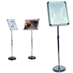 Freestanding Poster Snap Frame Holders: Chrome Snap Frame Floor Stand A4 Radius Corners - Portrait / Landscape