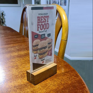 Acrylic T Base Double Sided Sheet Display Holders: DLE MENU / TABLE TALKERS  Wood Base