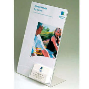 Acrylic L Base Angled Sheet Display Holders: Acrylic L Base Holder A4 Portrait with Business Card Holder