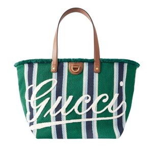 Luxury: Gucci Logo-Embroidered Leather-Trimmed Striped Woven Tote Bag