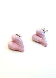 Earrings: Glass Heart Studs - Soft Pink