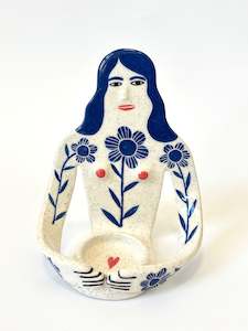 Blue Hair Girl with flowers on white skin - Full Body Candle Person - Ceramic ca&hellip;
