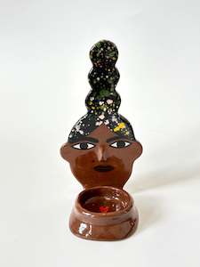 Studio Soph: Dark Hair, dark skin Lady Candle Person with beauty spot - Ceramic candle holder by Studio Soph