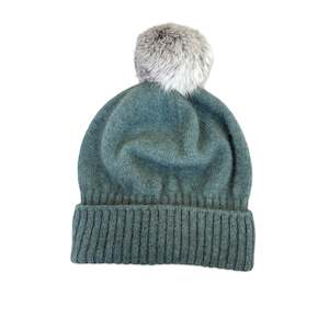 Accessories: Possum Merino Turn Back Beanie with Rabbit Fur Pompom - Sage