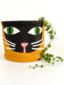 Homewares: Canvas Planter - Mustard with Black Cats