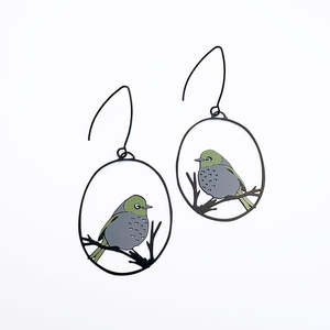 Silvereye bird earrings in Grey & Olive