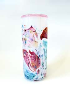 Glassware: Large Handblown Glass Cylinder Vase - by Grinter Glass - White with Pink Shards (24499)
