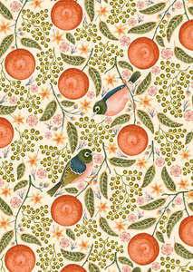 Cream Waxeyes & Mandarins Tea Towel