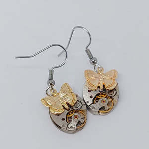 Timepiece Earrings with Golden Butterflies