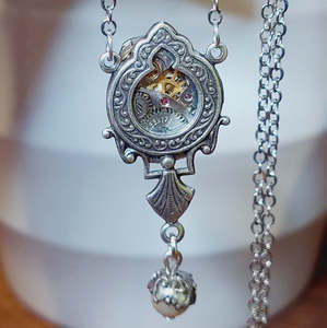 Ornate Window Pendant with Timepiece and Pearl
